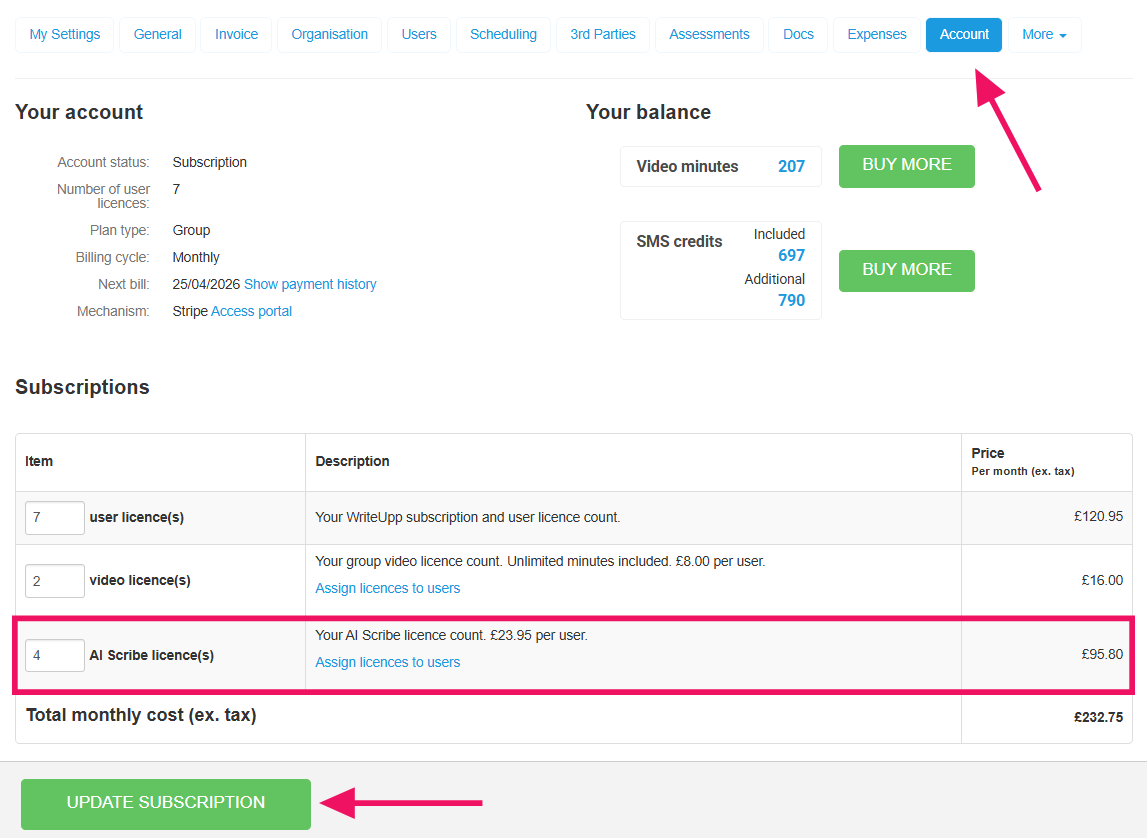 Adding AI Scribe Licences to Your Subscription