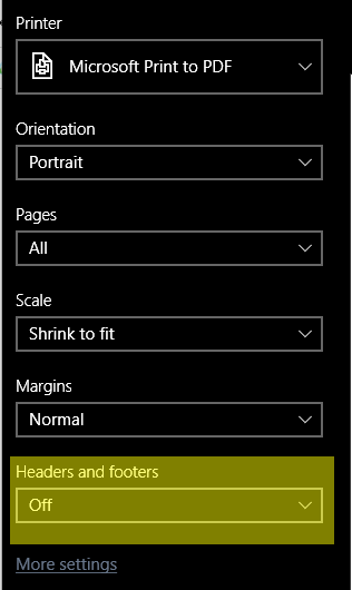 How do I remove headers and footers from printed Documentation?