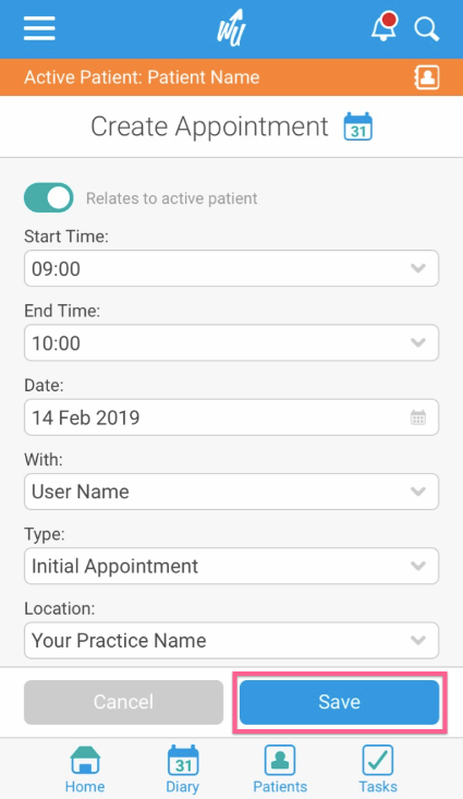 How do I add an appointment from the diary screen on the app?