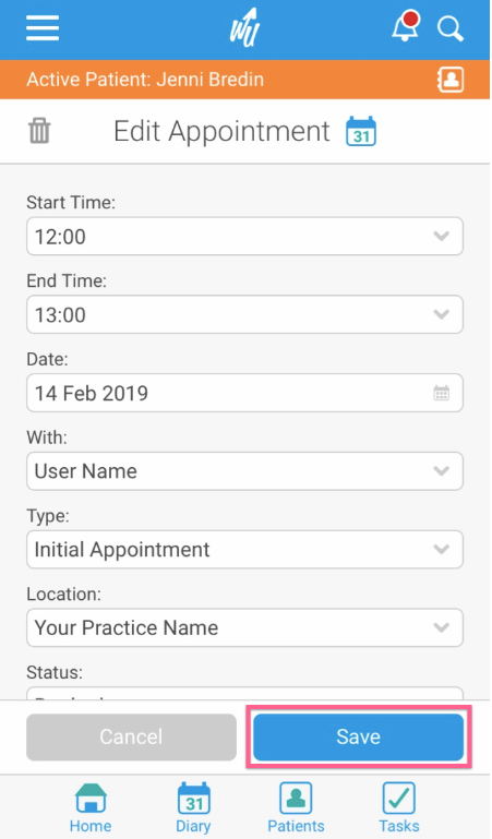 How do I view and edit an appointment from my diary?