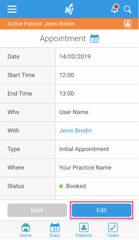 How do I view and edit an appointment from my diary?