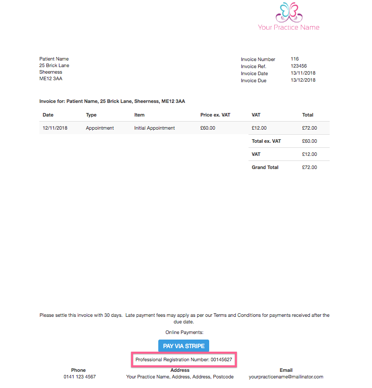 How do I include my professional registration number on an invoice?