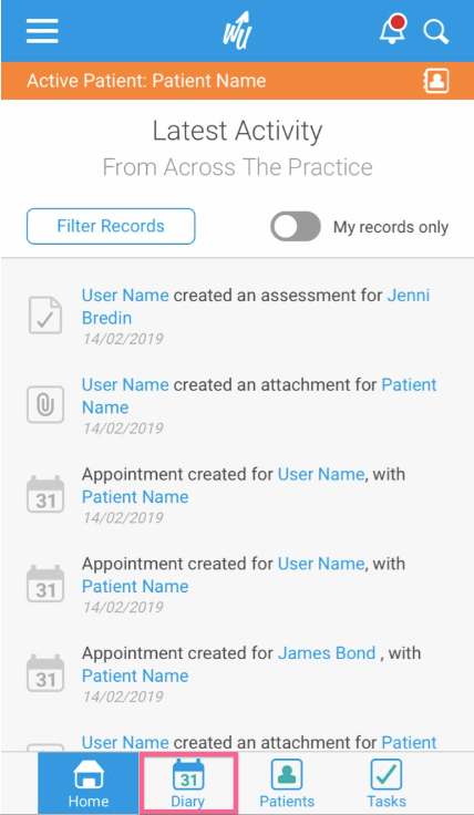 How do I add an appointment from the diary screen on the app?