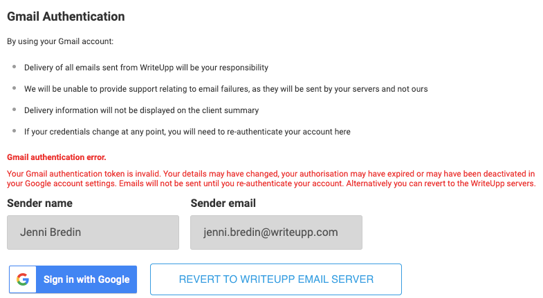 Managing Gmail authentication with WriteUpp