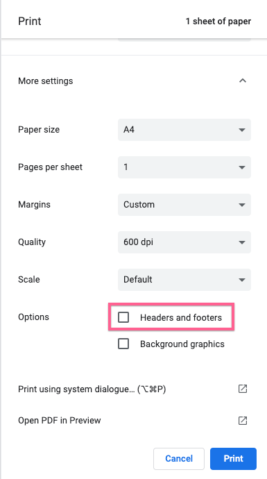 How do I remove headers and footers from printed Documentation?