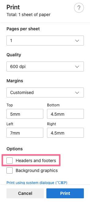 Printer Header Using How do I remove headers and footers from printed Documentation?