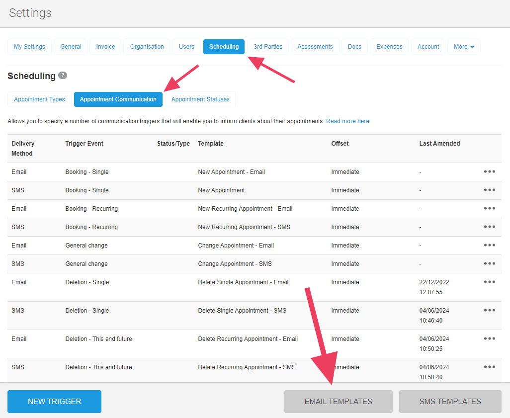 Editing email templates for appointment communications