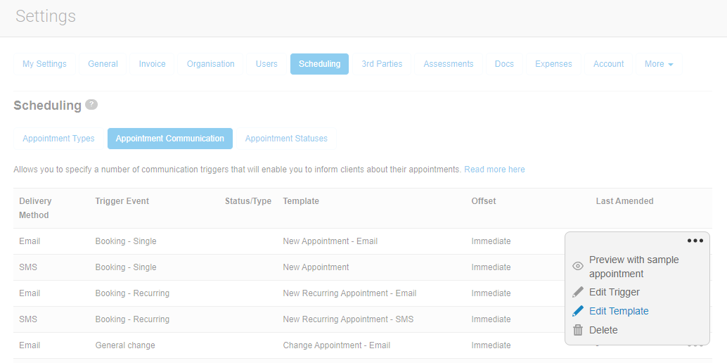 Editing email templates for appointment communications